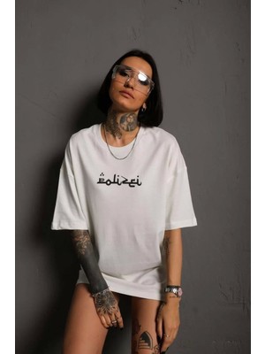 TeksAs Giyim Kadın Bisiklet Yakalı Sırt Baskılı Oversize T-Shirt - Beyaz