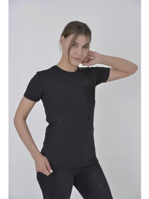 TeksAs Giyim Kadın File Cepli Slim Fit T-Shirt - Siyah