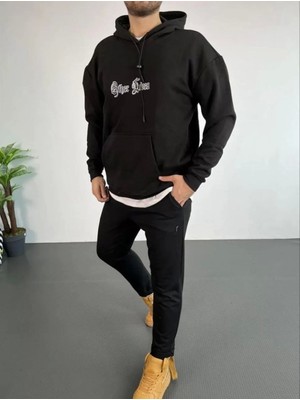 TeksAs Giyim Erkek Sırt Baskılı Oversize Üç Iplik Kapüşonlu Sweatshirt - Siyah