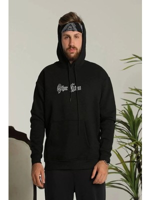 TeksAs Giyim Erkek Sırt Baskılı Oversize Üç Iplik Kapüşonlu Sweatshirt - Siyah