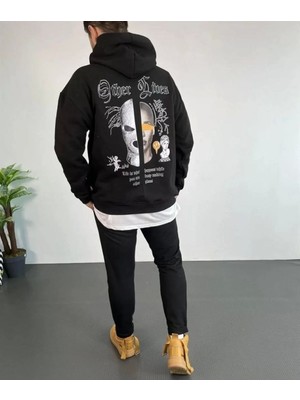 TeksAs Giyim Erkek Sırt Baskılı Oversize Üç Iplik Kapüşonlu Sweatshirt - Siyah