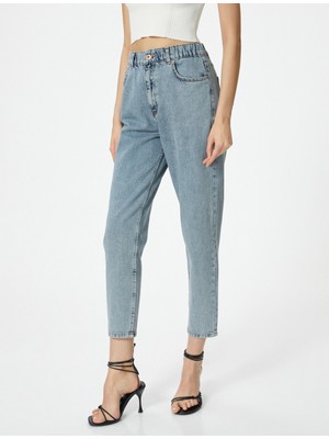 Koton Beli Lastikli Mom Fit Jean Pamuklu Cepli Mom Jeans