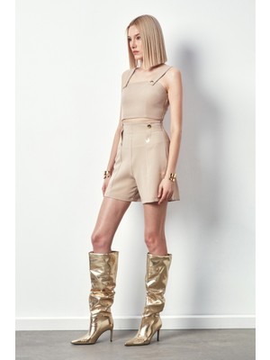 Sateen Çıt Detaylı Crop Bluz - Bej