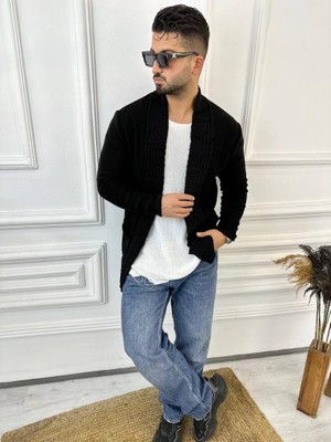 Elku Moda Hırka Örgülü Şal Yaka Cepli Tüylenmez Örgü Triko Hırka