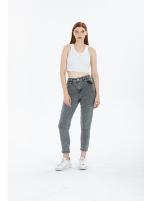 Kot Modası Kadın Füme Yüksek Bel Mom Jeans Kot Pantolon