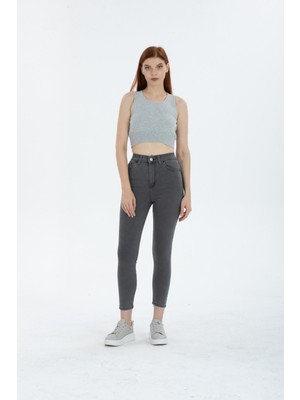 Kot Modası Yüksek Bel Gri Skinny Jean Pantolon