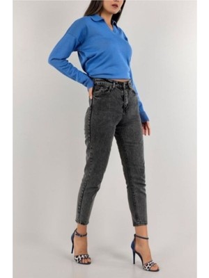 Kot Modası Trendy Kadın Füme Yüksek Bel Mom Jean Kot Pantolon