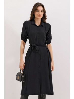 Bigdart 2442 Kuşaklı Gömlek Elbise - Siyah