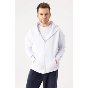 Erkek Oversize Fermuarlı Kapüşonlu Beyaz Sweatshirt