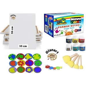 Çocuklar Için 35X50 Tuval + Parmak Boyası Seti Yıkanabilir ( Pon Pon Fırça Lı , Baskı Kalıplı )