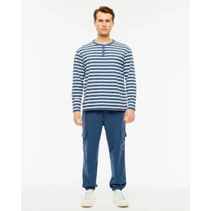 Erkek Çıtçıt Detaylı Uzun Kollu Regular Fit Çizgili Tişört İndigo-Beyaz