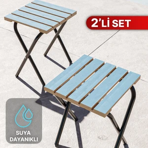 Kamp ve Bahçe Taburesi Sandalye 2li Set Suya Dayanıklı Şık Ahşap Tasarım Mavi Kamp Taburesi