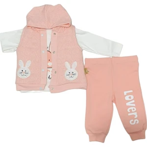Baby 116371 Kız Bebek Süzineli Kapüşonlu Yelekli Somon Üçlü Takım