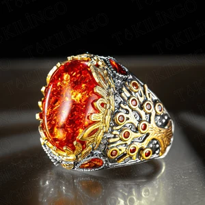 925 Ayar Gümüş Kehribar Taşlı Hayat Ağacı Motifli Erkek Yüzük