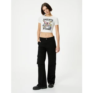 Kısa Kollu T-Shirt Crop Kelebek Baskılı Bisiklet Yaka Pamuklu Slim Fit