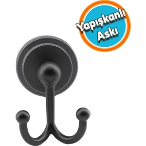 Siyah Renk Metal Sağlam Aparat Bornoz Havlu Asma Askı Banyo Lavabo Çatal Yapışkanlı 2'li Askılık