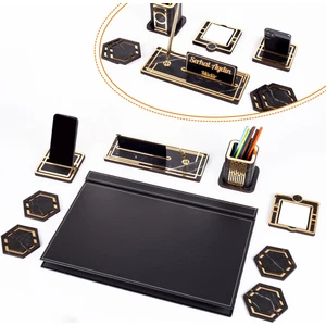 Roxy 6 Parça Siyah Sümen Takımı 50x35 cm, Gold Mermer Desenli, Ahşap Kapaklı ve İsimlikli Ofis Seti