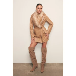 Kürk Detaylı Deri Ceket - Bej