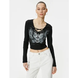 Bağlamalı Yaka Tişört Crop Baskılı Uzun Kollu Pamuklu