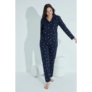 Tampap Kadın Düğmeli Deseni Pijama Takımı Gömlek Yaka Elitol 952
