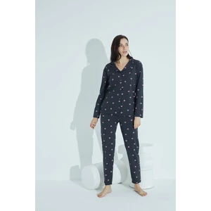 Tampap Kadın Düğmeli Deseni Pijama Takımı Gömlek Yaka Elitol 952