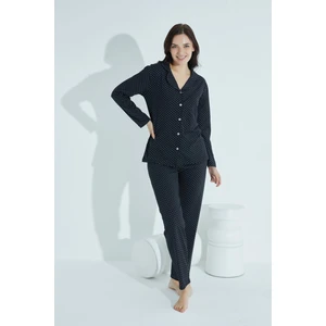 Kadın Düğmeli Deseni Pijama Takımı Gömlek Yaka 972