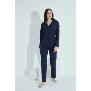 Kadın Düğmeli Deseni Pijama Takımı Gömlek Yaka 973