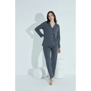 Kadın Düğmeli Deseni Pijama Takımı Gömlek Yaka 985