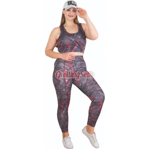 Siyah Lady 1508 Desenli Kadın Büyük Beden Tayt Büstiyer Spor Takım