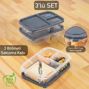 Meleni Home 3'lü Set 3 Bölmeli Kapaklı Dikdörtgen Saklama-Kabı Taşınabilir Kahvaltılık Diyet ve Beslenme Kutusu
