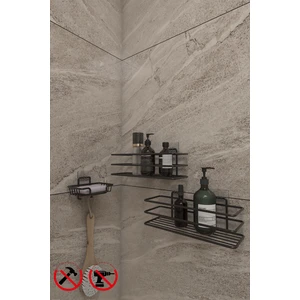 Alper Banyo Yapışkanlı Siyah 2 Adet Banyo Düzenleyici Rafı (TŞ01) ve Katı Sabunluk ve Bulaşık Süngerlik Düzenleyicisi Seti