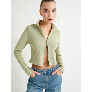 Fermuarlı Triko Hırka Dik Yaka Kaşkorse Uzun Kollu