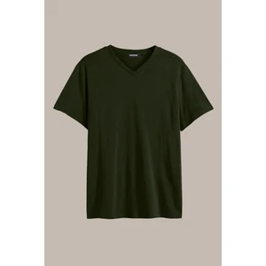 Erkek Haki Basıc Slim Fit Pamuklu Kısa Kollu V Yaka T-Shirt