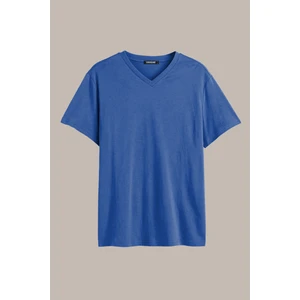 Erkek Mavi Basıc Slim Fit Pamuklu Kısa Kollu V Yaka T-Shirt