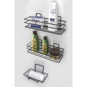 Atacı Home Siyah 3'lü Set Yapışkanlı Paslanmaz Banyo Rafı Sabunluk Şampuanlık Duşakabn Duş Askısı Seti