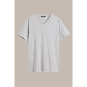 Erkek Gri Slim Fit Pamuklu Kısa Kollu V Yaka T-Shirt