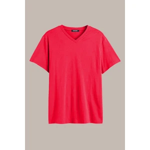 Erkek Kırmızı Basıc Slim Fit Pamuklu Kısa Kollu V Yaka T-Shirt