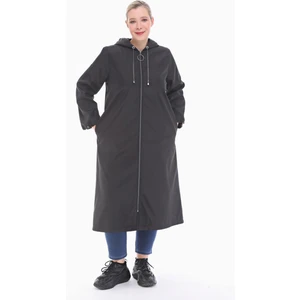 Kadın Büyük Beden Kapüşonlu Siyah Uzun Trençkot 1034