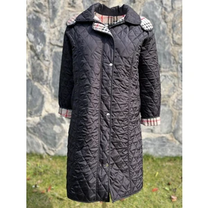 Kadın Büyük Beden Ekose 105 Cm Mevsimlik Siyah Kapitone Mont 1044