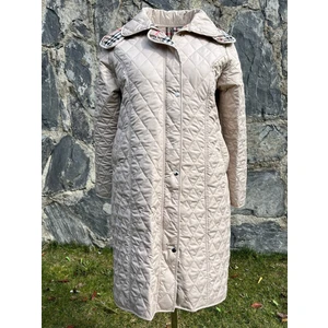 Kadın Büyük Beden Ekose 105 Cm Mevsimlik Açık Bej Kapitone Mont 1044