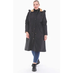 Kadın Büyük Beden İçi Kürklü Siyah Uzun Mont 1047
