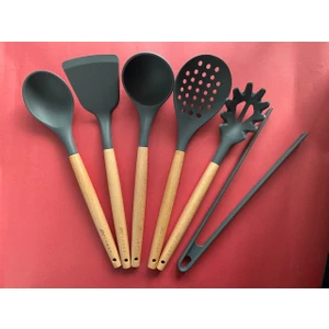 Bambu Saplı Silikon Servis Seti 6 Adet, Kepçe, Kaşık, Kevgir, Makarna Kaşığı, Açılı Spatula,maşa
