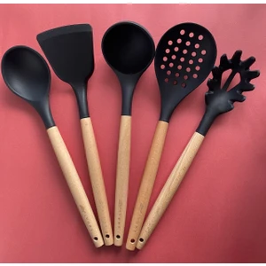 Bambu Saplı Silikon Servis Seti 5 Adet, Kepçe, Kaşık, Kevgir, Makarna Kaşığı, Açılı Spatula,