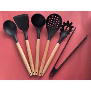 Bambu Saplı Silikon Servis Seti 6 Adet, Kepçe, Kaşık, Kevgir, Makarna Kaşığı, Açılı Spatula,maşa