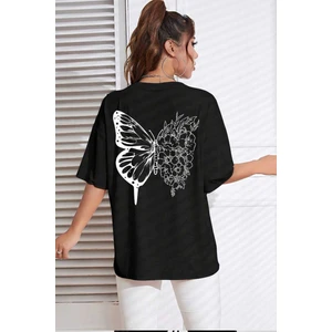Arka Kelebek Baskılı Siyah Kadın Oversize Tshirt