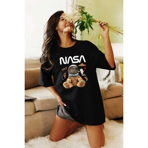 Unisex Ayıcıklı Nasa Baskılı Siyah Tshirt