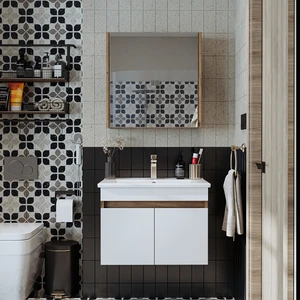 '' Lavabolu '' Atlantik-Beyaz Mat Mdf 65 cm Banyo Alt Dolap + Aynalı Üst Dolap
