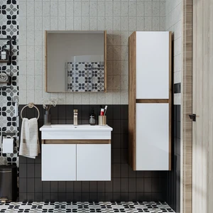 '' Lavabolu '' Atlantik-Beyaz Mat Mdf 65 cm Banyo Alt Dolap + Aynalı Üst Dolap + Boy Dolap