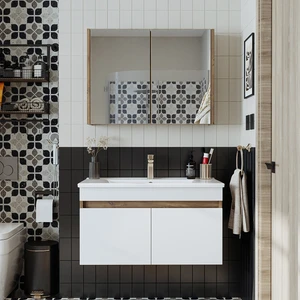 '' Lavabolu '' Atlantik-Beyaz Mat Mdf 85 cm Banyo Alt Dolap + Aynalı Üst Dolap