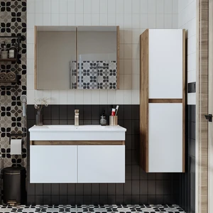 '' Lavabolu '' Atlantik-Beyaz Mat Mdf 85 cm Banyo Alt  Dolap + Aynalı Üst Dolap + Boy Dolap